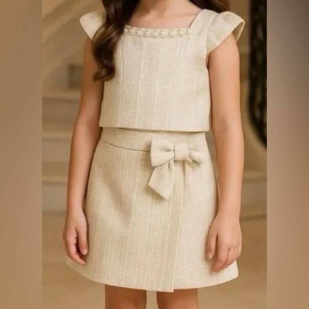 NWT RZ by Rachel Zoe Cream Girls Tweed Two-Piece Formal Dress with Waist Bow